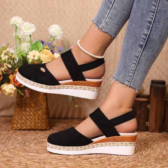 Damen Bequeme Espadrilles mit elastischen Riemen und dekorativem Bastbesatz EB