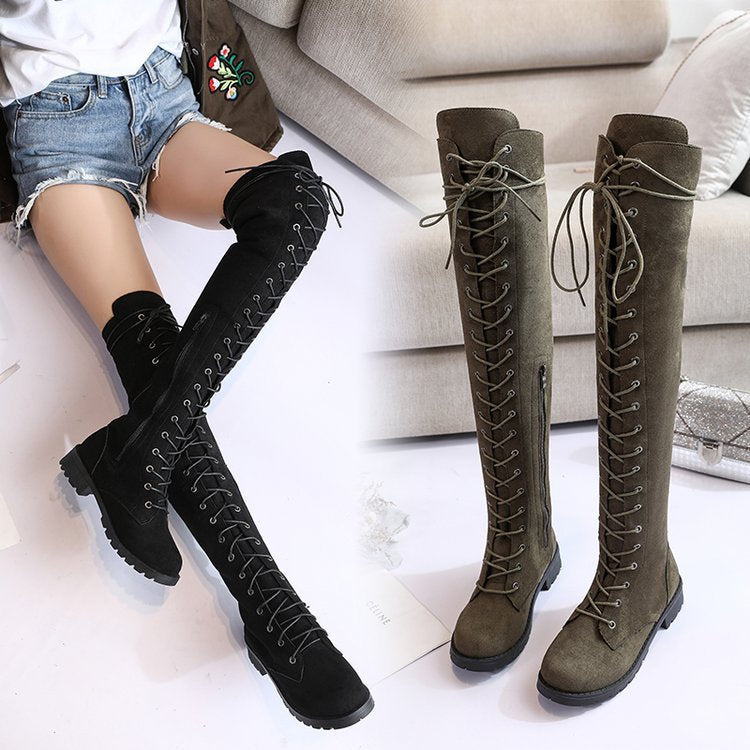 Damen Überknee-Stiefel mit modischem Schnür-Design und robustem Profil EB