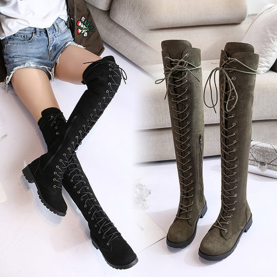 Damen Überknee-Stiefel mit modischem Schnür-Design und robustem Profil EB