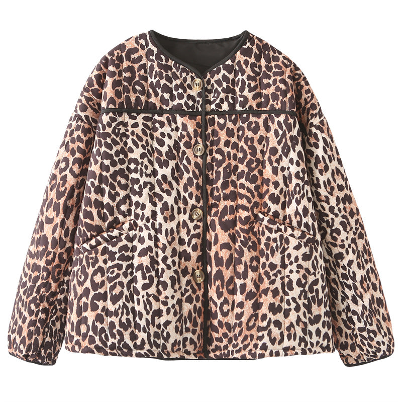 Damen gesteppte Jacke mit Leopardenmuster und praktischen Taschen EB