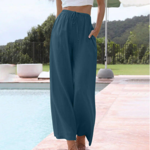 Damen weite Leinenhose mit elastischem Bund und praktischen Seitentaschen EB
