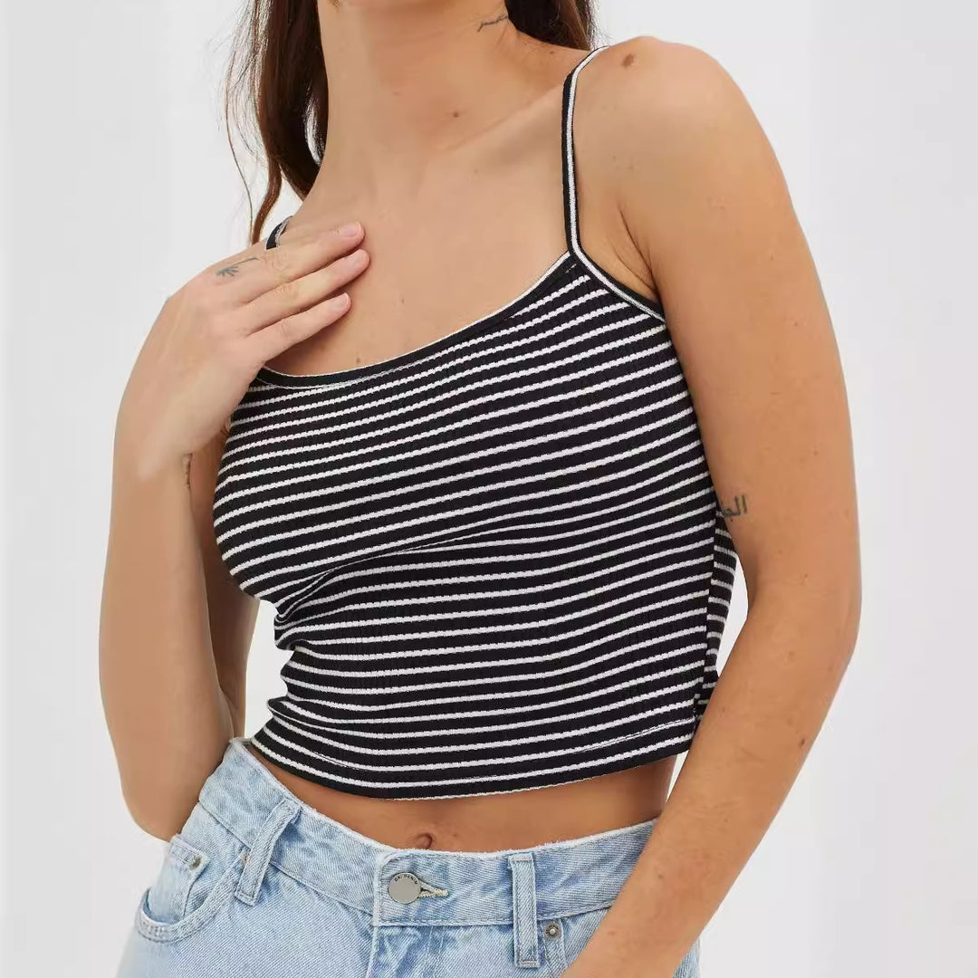 Damen gehäkeltes Crop-Top mit feinem Streifenmuster und komfortablem Schnitt EB
