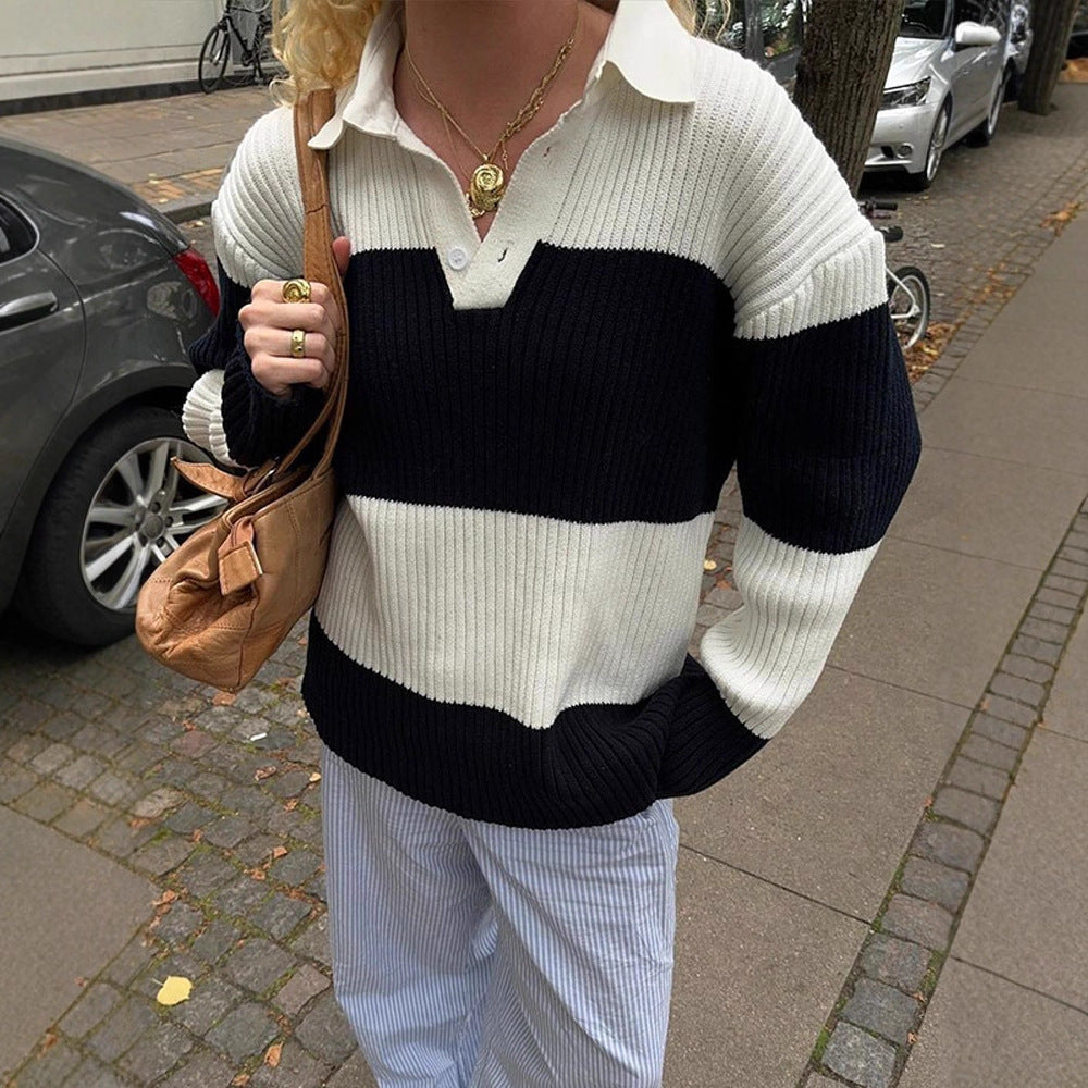 Damen Sportlicher Pullover mit Kragen und Blockstreifen EB