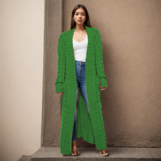 Damen Langer Strickcardigan mit raffiniertem Zopfdesign und praktischen Taschen EB
