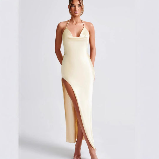 Damen Satin-Maxikleid mit tiefem Schlitz und Halterneck EB