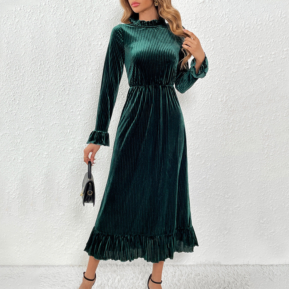 Damen Midikleid aus plissiertem Samt mit Stehkragen geraffter Taille und Volant-Saum Eichborn Berlin