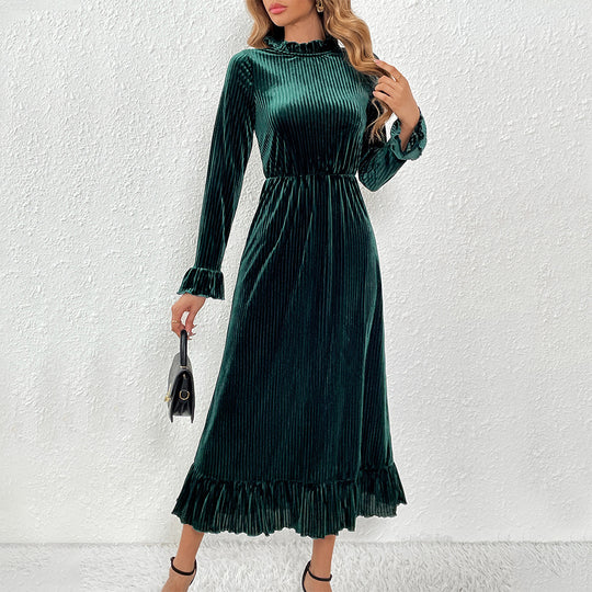 Damen Midikleid aus plissiertem Samt mit Stehkragen geraffter Taille und Volant-Saum Eichborn Berlin