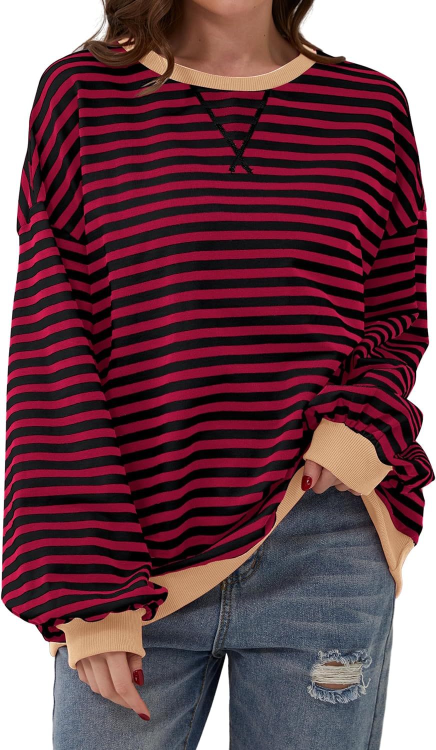 Damen lässiger Oversized Sweatshirt mit bunten Streifen und Kapuzenkordel EB