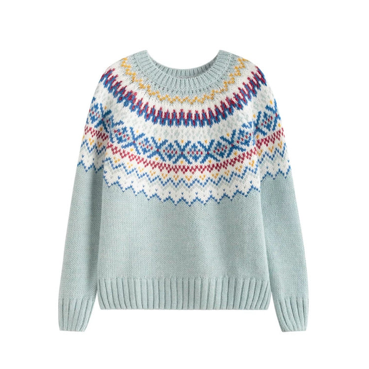 Damen nan melierter Rundhalsausschnittpullover mit kreisförmigem Jacquard-Yoke und geripptem Saum EB