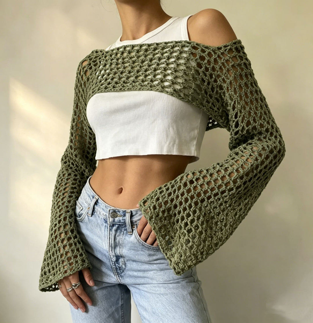 Damen gehäkelter kurzer Bolero mit asymmetrischem Schulterauschnitt und ausgestellten Ärmeln EB