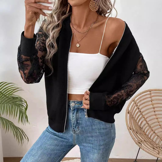 Damen nan leichte Bomberjacke mit floralen Spitzenärmeln und Reißverschluss EB