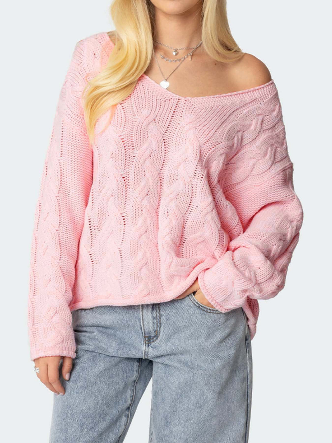 Damen Grobstrickpullover mit tiefem V-Ausschnitt und lässiger Silhouette EB