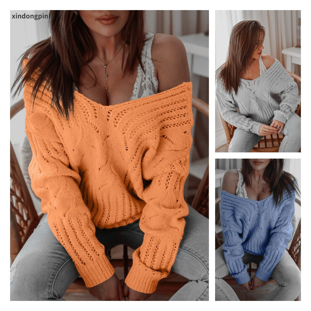 Damen Oversized Strickpullover mit offener Schulter und strukturiertem Zopfdesign EB