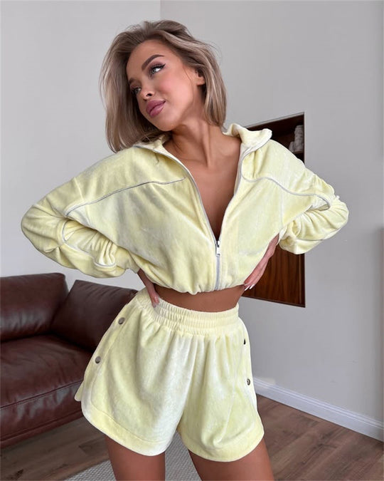 Damen nan kurzes Velours-Lounge-Set mit Cropped Zip-Hoodie und elastischer Highwaist-Shorts EB