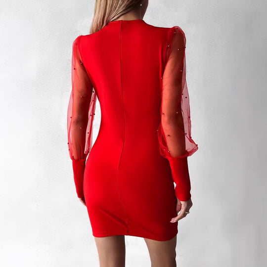 Damen Wickelkleid mit eleganten transparenten Ärmeln und schimmerndem Detail EB