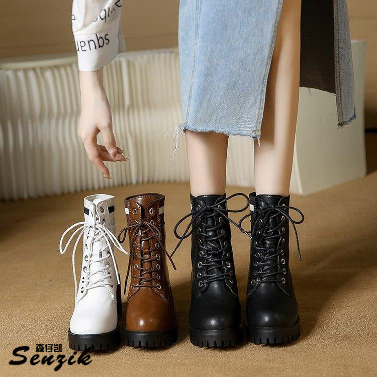 Damen Schnürstiefel mit robustem Blockabsatz und elastischem Strickkragen EB