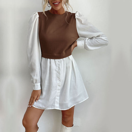 Damen modisches Hemdkleid mit eleganten Puffärmeln und knöpfbarem Vorderteil EB