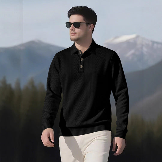 Herren Langarm-Polohemd mit strukturiertem Design und modischen Knöpfen EB
