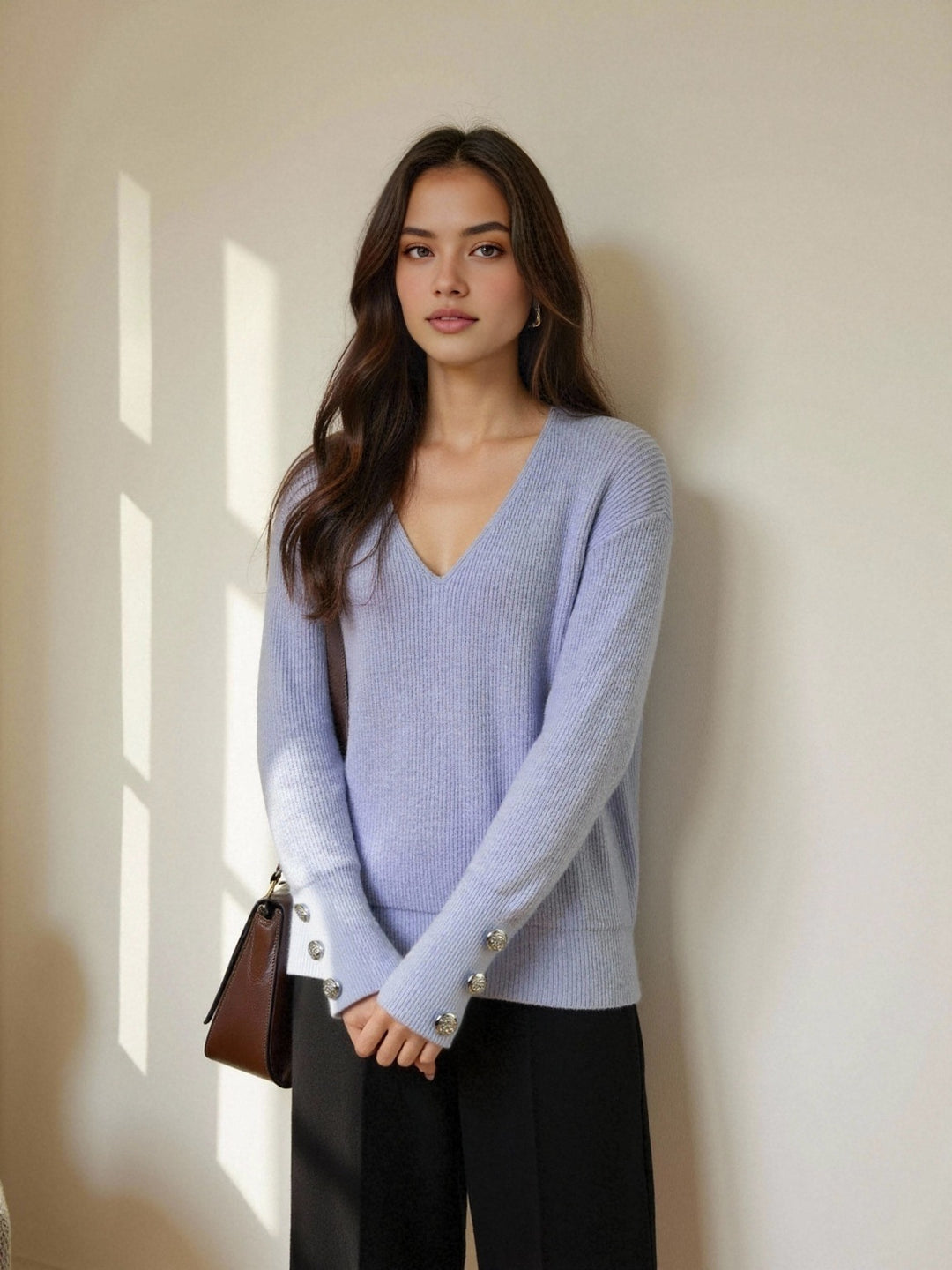 Damen V-Ausschnitt Strickpullover mit dekorativen Knöpfen EB