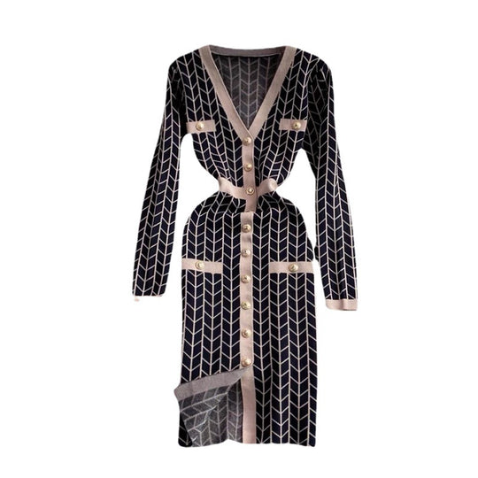 Damen Strickkleid mit Knopfdetaillierung und V-Ausschnitt EB