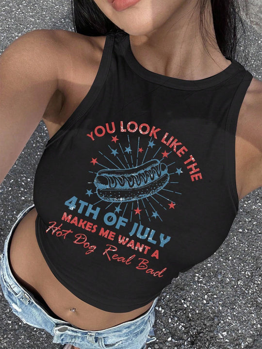 Damen Cropped Tanktop mit kreativem Schriftzug und lebhaftem Design EB