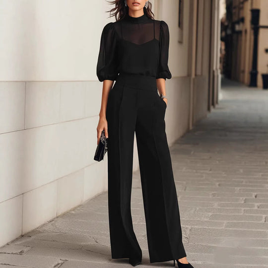 Damen elegantes Blusenset mit weiten Beinen und transparenten Ärmeln EB