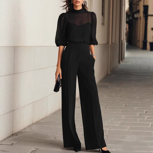 Damen elegantes Blusenset mit weiten Beinen und transparenten Ärmeln EB