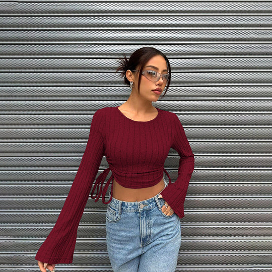 Damen geripptes Cropped-Longsleeve mit seitlicher Tunnelzugraffung, ausgestellten Ärmeln und figurbetonter Passform Eichborn Berlin