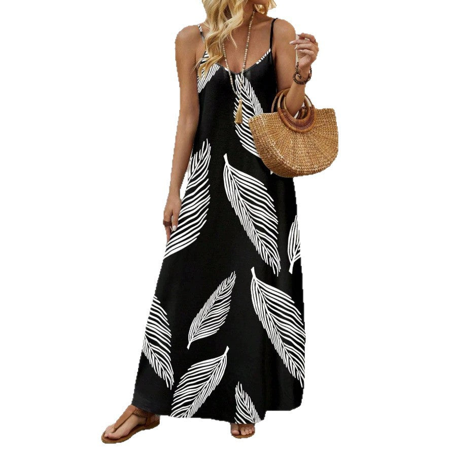 Damen Maxikleid mit elegantem Blätterdesign und feinen Spaghettiträgern EB