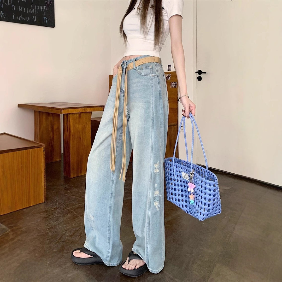 Damen Weite Jeans mit modischen Rissen und hohem Bund EB