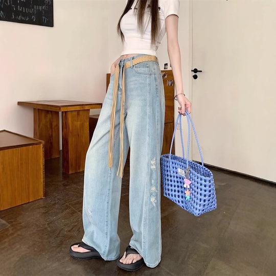 Damen Weite Jeans mit modischen Rissen und hohem Bund EB