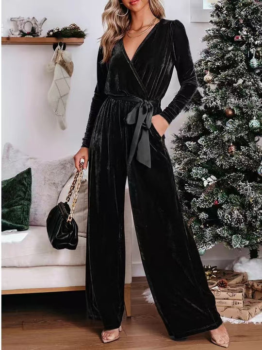 Damen Samt‑Jumpsuit mit Wickel‑V‑Ausschnitt, weitem Bein und Taillengürtel EB