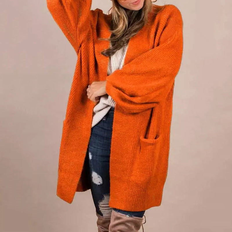 Damen lässige Strickjacke mit offenen Taschen und U-Förmigem Schnitt EB