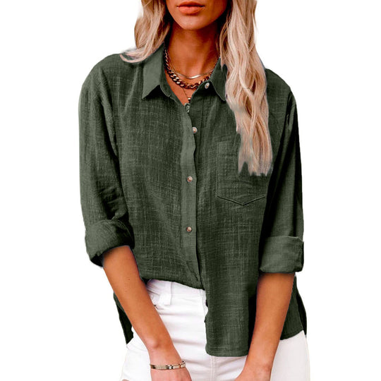 Damen nan oversized Leinen-Baumwollmix Hemdbluse mit Brusttasche und krempelbaren Ärmeln EB