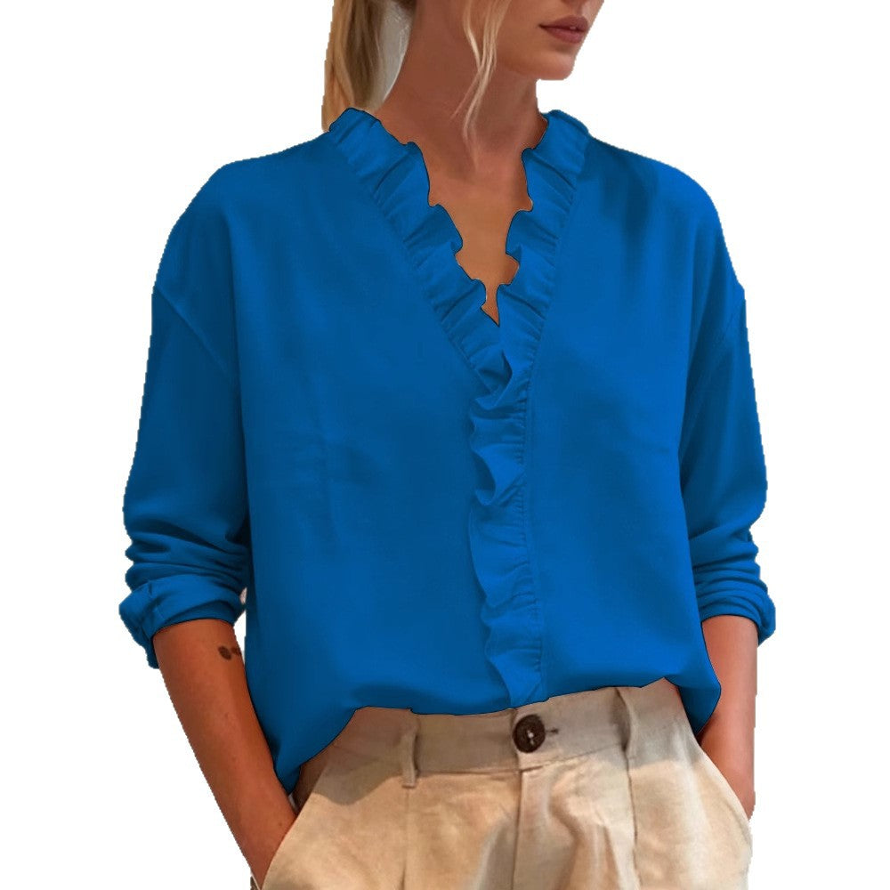 Damen Elegante V-Ausschnitt Bluse mit Volantbesatz und lockerem Oversize-Schnitt EB