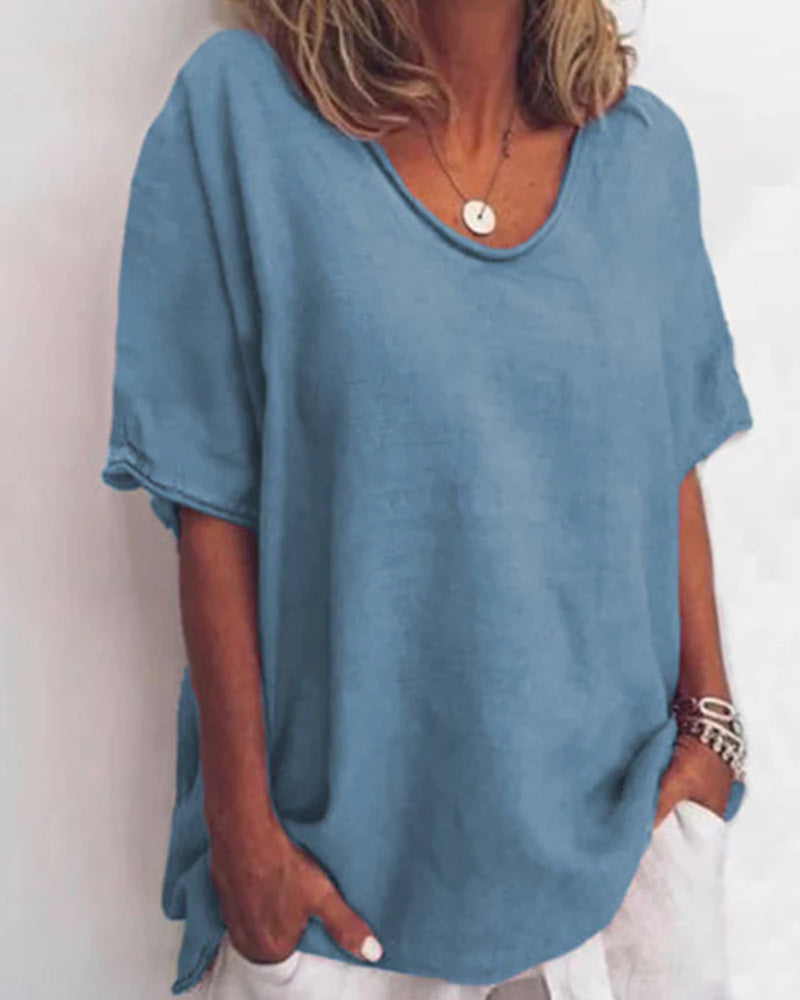 Damen nan weit geschnittenes Leinenmix-Relaxshirt mit Rundhalsausschnitt, überschnittenen Ärmeln und seitlichen Schlitzen EB