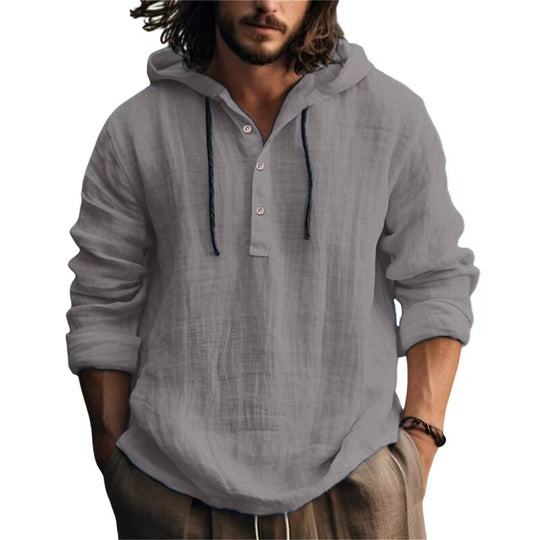 Herren nan Leichtes Kapuzenhemd im Leinenlook mit Henley-Knopfleiste EB