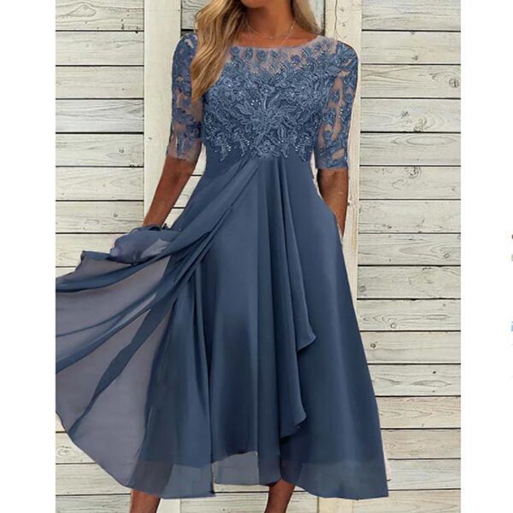 Damen nan V-Ausschnitt Chiffon-Midikleid mit besticktem Bustier, transparenten dreiviertel-Ärmeln und asymmetrischem Lagenrock EB