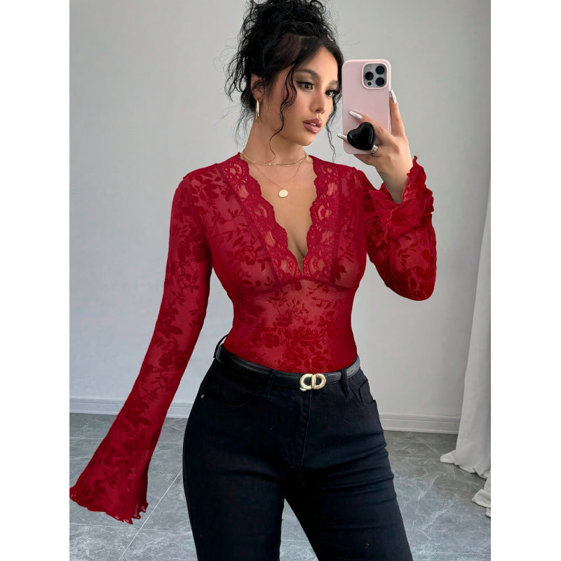 Damen Spitzen-Bodysuit mit tiefem V-Ausschnitt und romantischen Rüschendetails EB