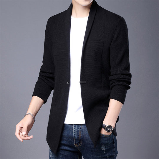 Herren Langarm Strickjacke mit modernem Schalkragen und asymmetrischem Saum EB