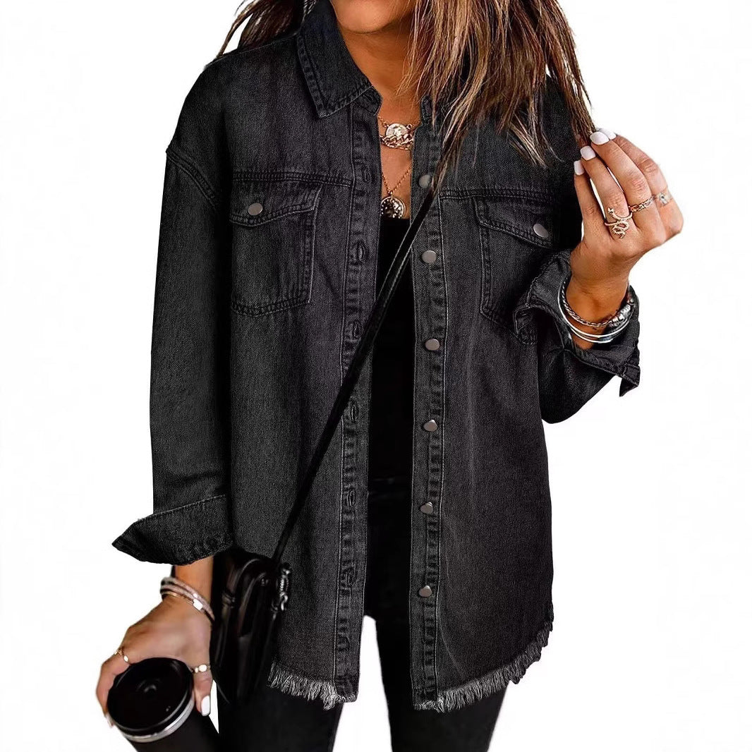 Damen Oversized Jeanshemd mit Fransen EB