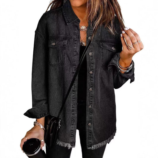 Damen Oversized Jeanshemd mit Fransen EB