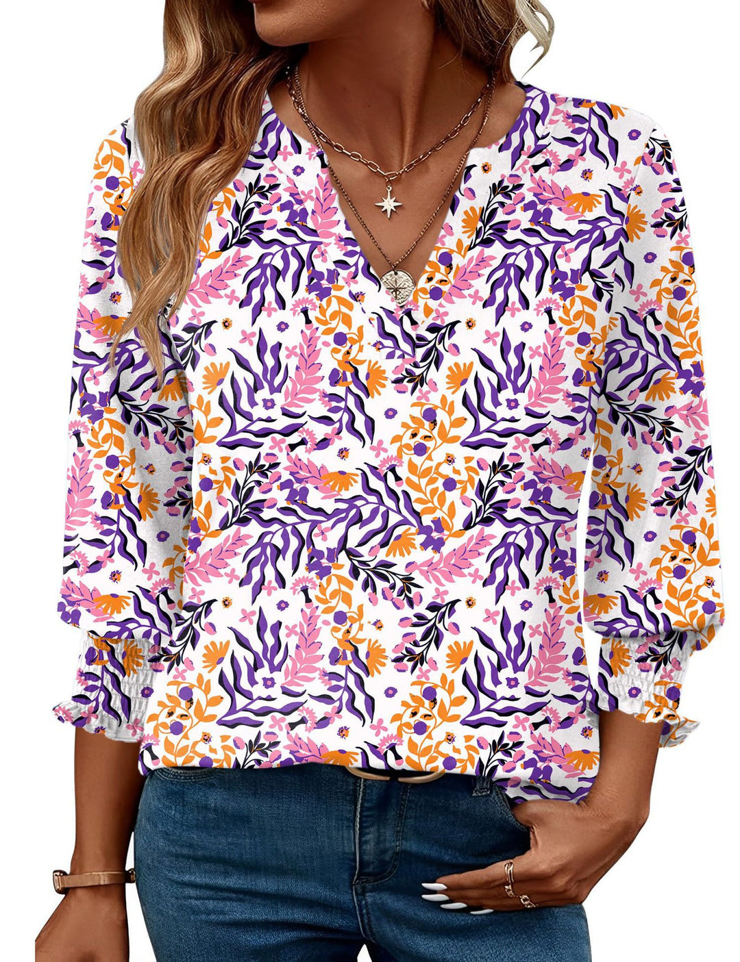 Damen modische Bluse mit verspieltem Paisleymuster und Rüschendetails EB