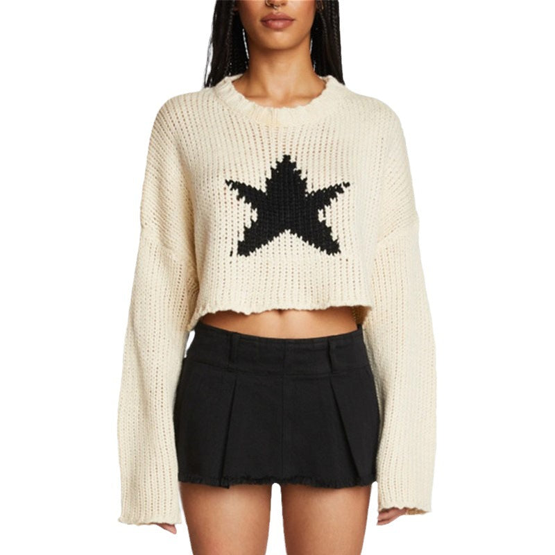 Damen modischer Grobstrickpullover mit trendy Sternenapplikation EB