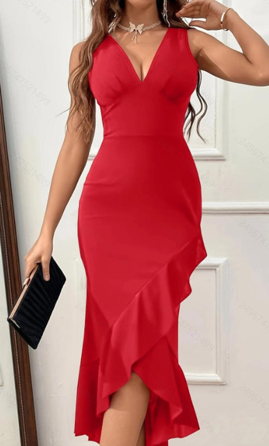 Damen figurbetontes Kleid mit asymmetrischem Saum und V-Ausschnitt EB