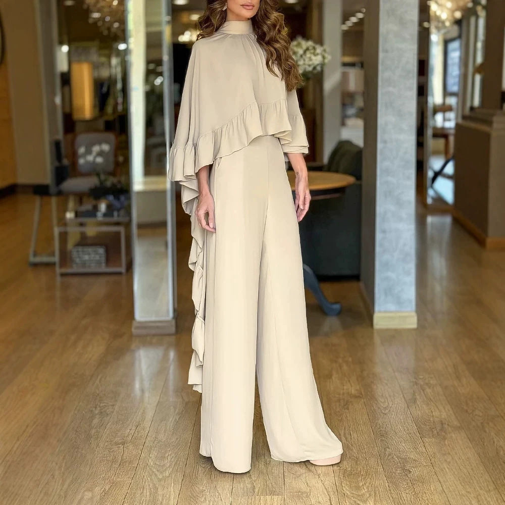 Damen Eleganter Overall mit Cape-Volant und weitem Palazzohosenbein EB
