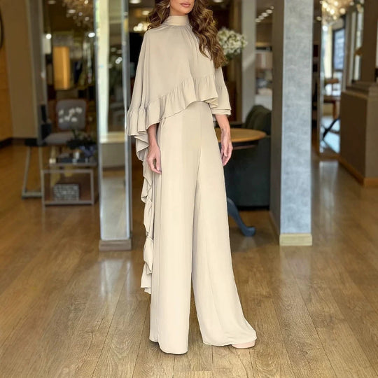 Damen Eleganter Overall mit Cape-Volant und weitem Palazzohosenbein EB