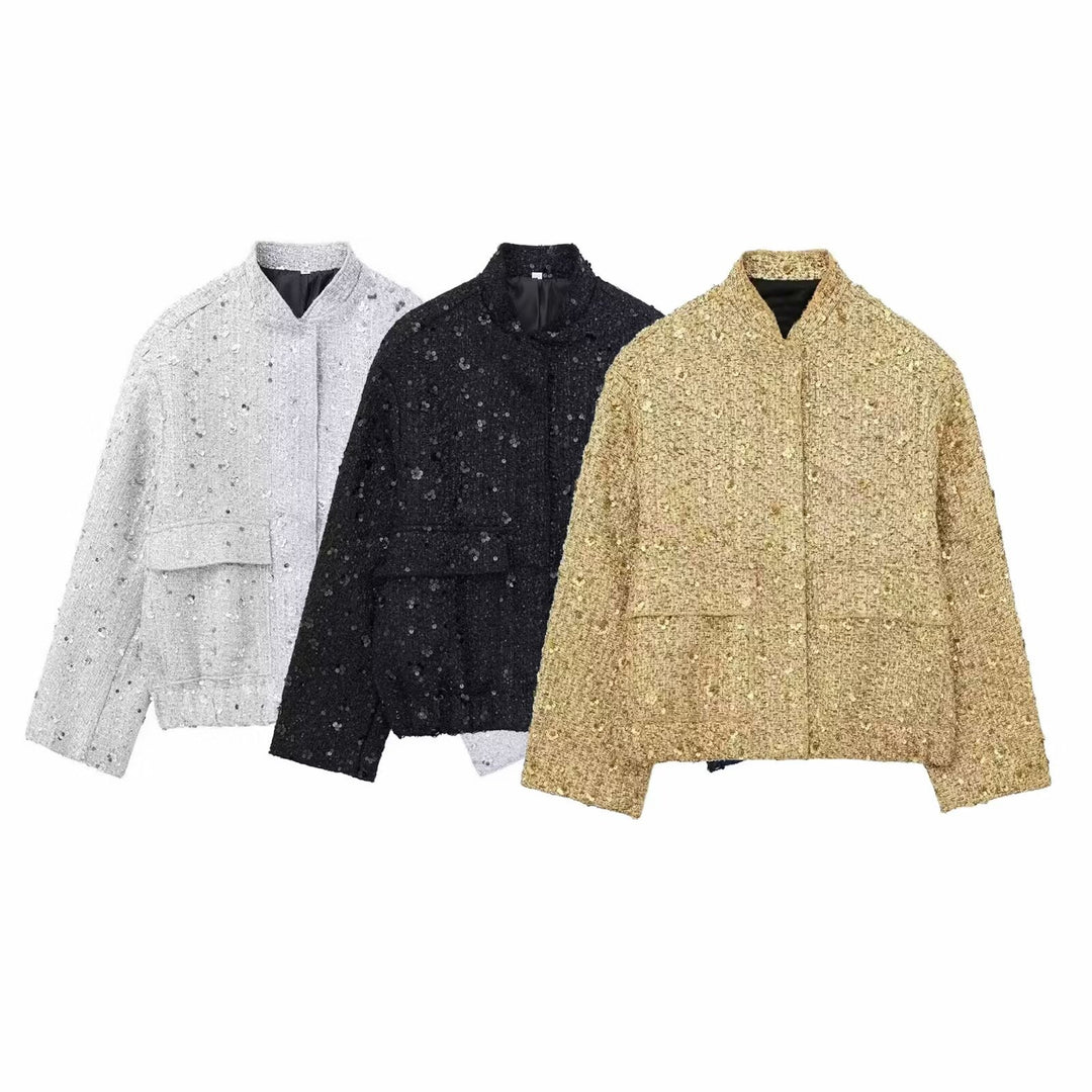 Damen nan strukturierte Boucléjacke mit Stehkragen, aufgesetzten Taschen und elastischem Saum EB