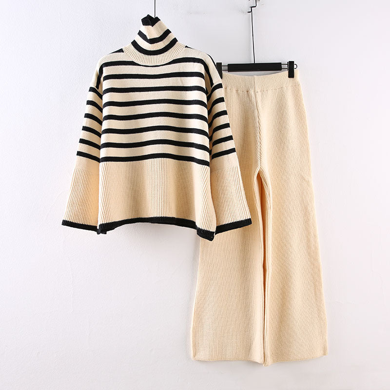 Damen Lässiges Strickensemble mit hohem Kragen und breiten Ärmeln EB