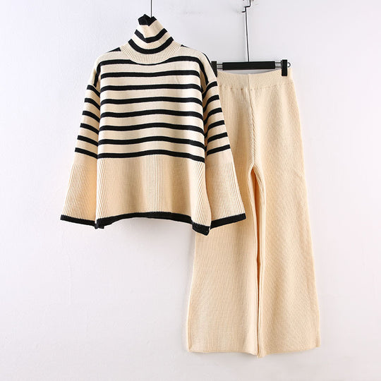 Damen Lässiges Strickensemble mit hohem Kragen und breiten Ärmeln EB